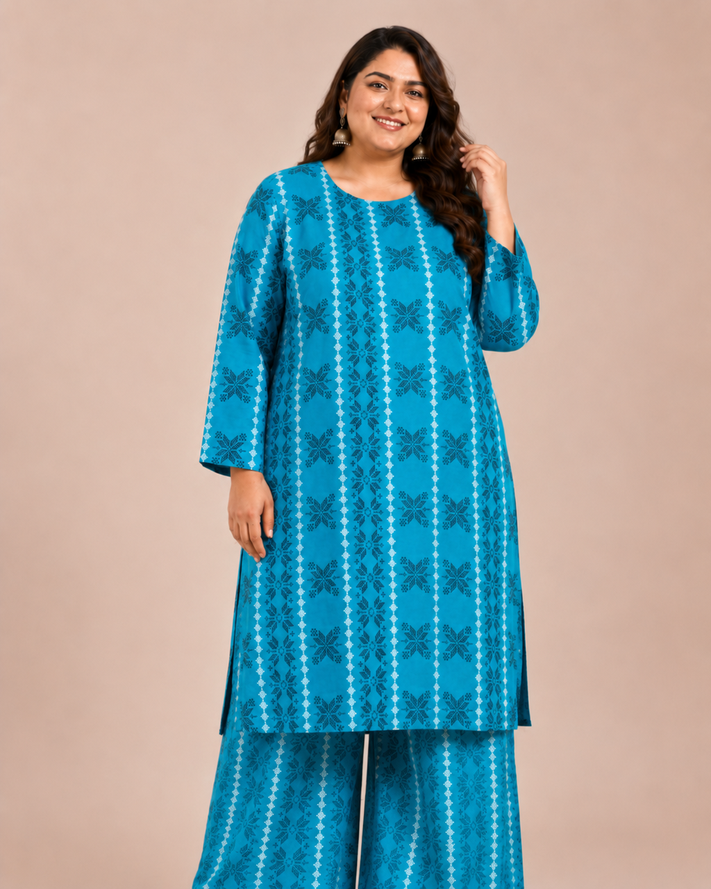 Plus Size Teal Blue Printed Lawn 2 Piece Suit