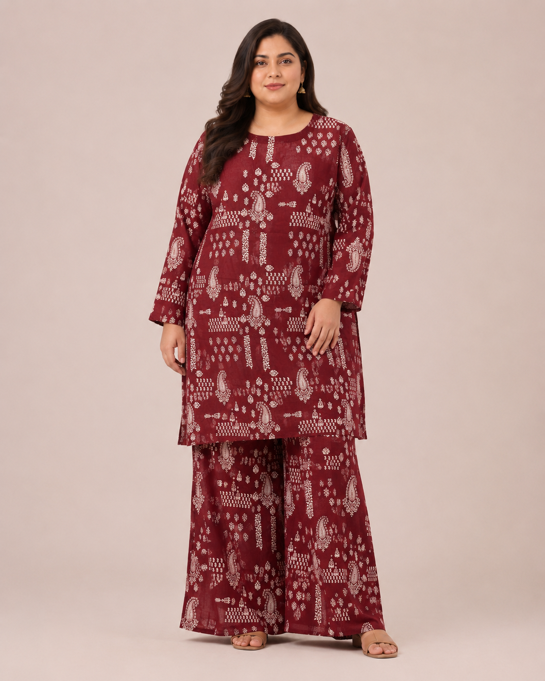 Front view of a plus-size model posing in a matching maroon and cream paisley printed cotton lawn kurta and wide trouser co-ord set.