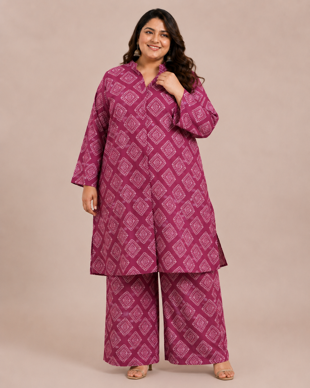 Tailored for Curvy Silhouettes: Specially constructed panels ensure a relaxed, comfortable drape without feeling restrictive.Vibrant Summer Palette: A rich magenta/plum base accented with white geometric prints that stay bright laundry after laundry.Premium Cotton Lawn Fabric: Lightweight, sweat-absorbent, and airy—engineered to beat intense summer heatwaves.Matching 2-Piece Outfit: A straight longline kurta paired with wide-leg coordinates creates an elongating, flattering look.Inclusive Extended Sizing: A