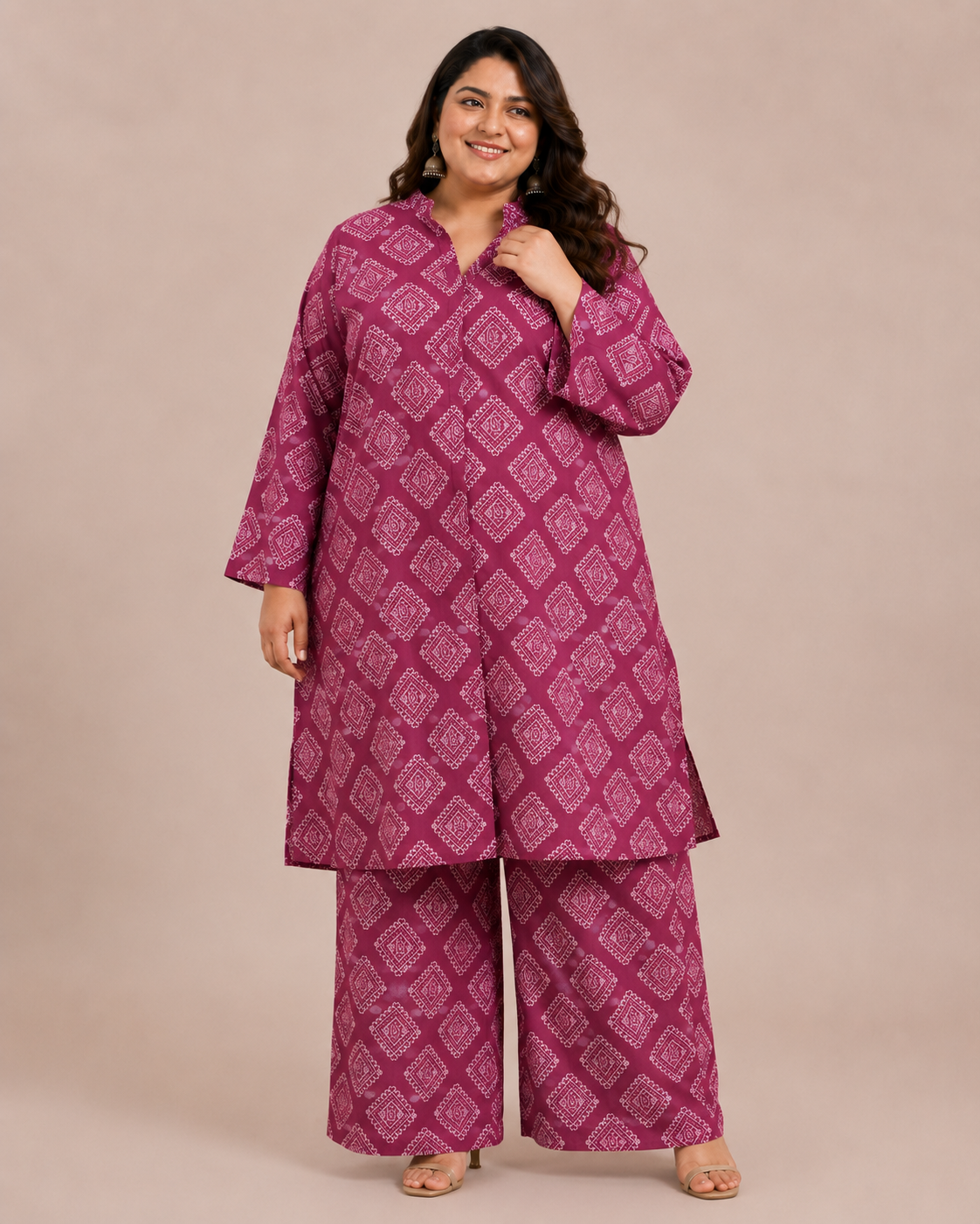 Tailored for Curvy Silhouettes: Specially constructed panels ensure a relaxed, comfortable drape without feeling restrictive.Vibrant Summer Palette: A rich magenta/plum base accented with white geometric prints that stay bright laundry after laundry.Premium Cotton Lawn Fabric: Lightweight, sweat-absorbent, and airy—engineered to beat intense summer heatwaves.Matching 2-Piece Outfit: A straight longline kurta paired with wide-leg coordinates creates an elongating, flattering look.Inclusive Extended Sizing: A