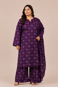 Front view of a smiling plus-size model posing in a matching deep violet 3-piece chunri printed cotton lawn kurta set with a dupatta.
